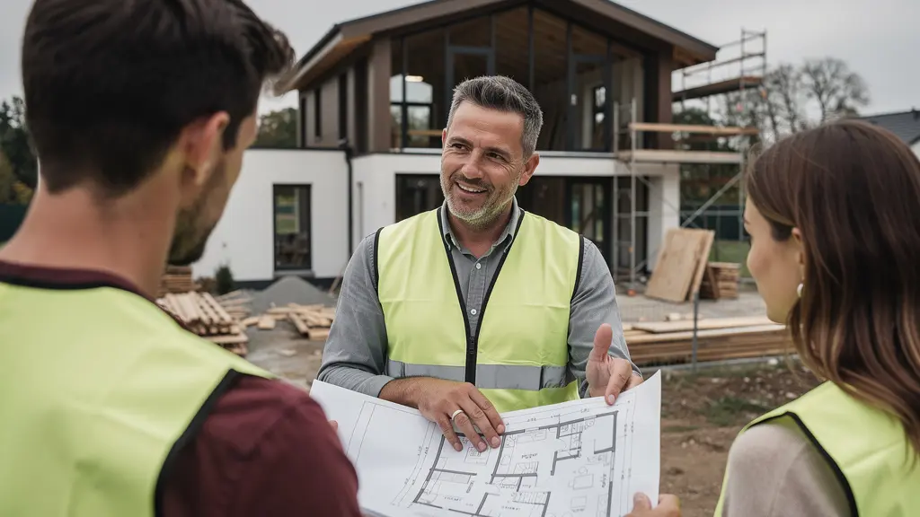 Chef de chantier expliquant les plans à un jeune couple devant structure en construction