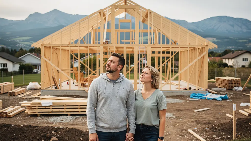 Couple observant la charpente de leur future maison individuelle en construction avec montagnes en arrière-plan