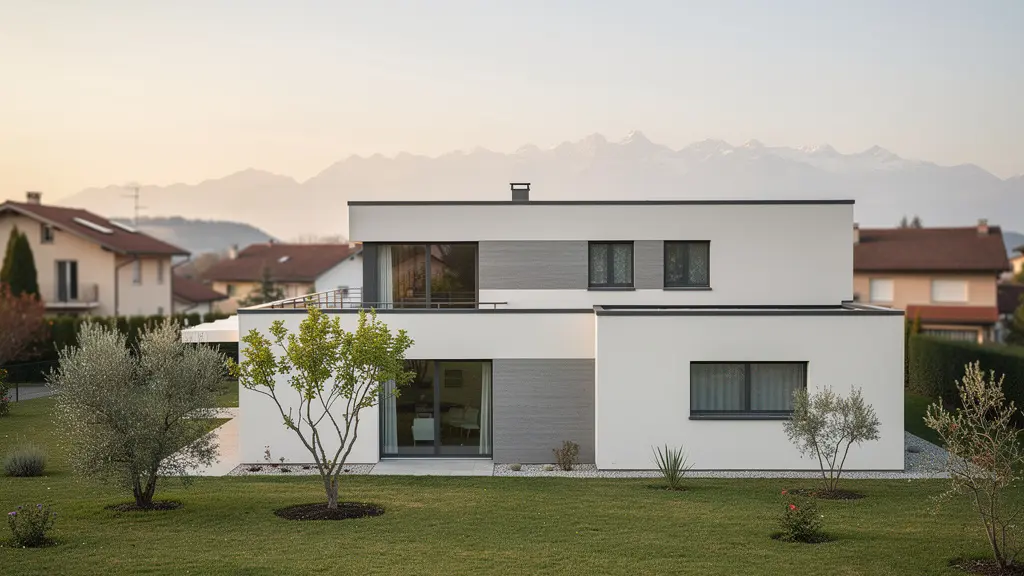 Maison individuelle contemporaine neuve avec jardin dans quartier résidentiel français, Alpes en arrière-plan