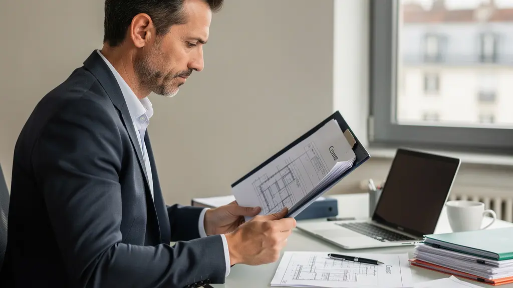 Professionnel analysant des documents de construction dans un bureau lumineux