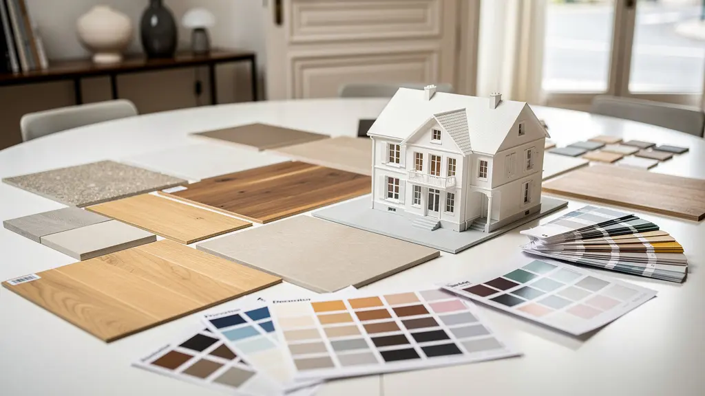 Table de réunion showroom constructeur avec maquette maison et échantillons matériaux carrelage parquet
