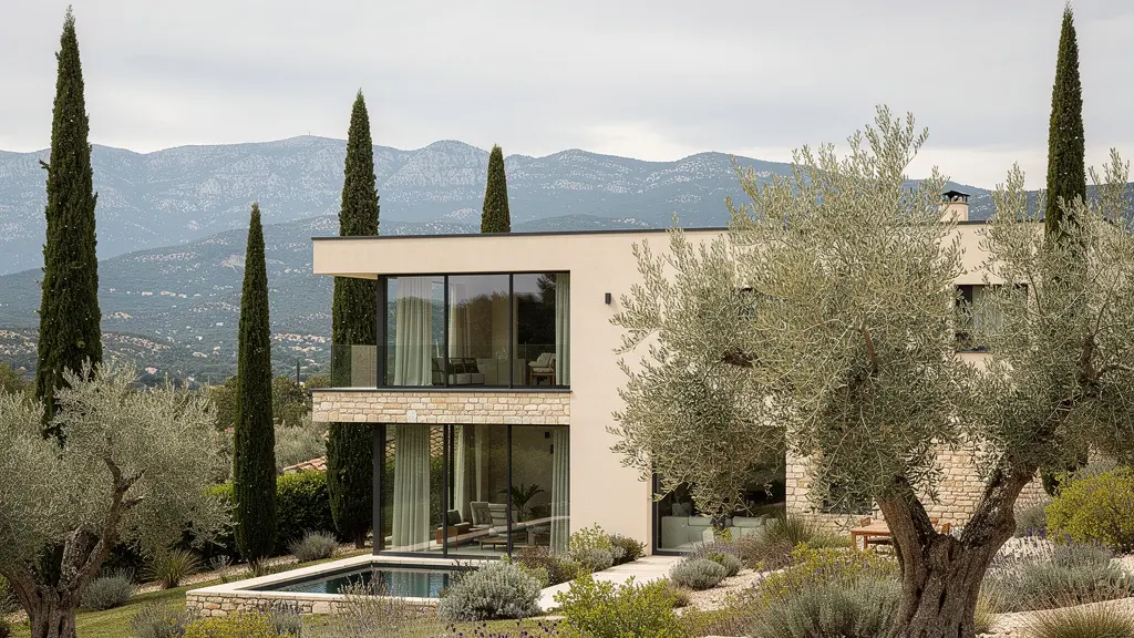 Villa contemporaine toit plat avec baies vitrées dans paysage provençal du Luberon