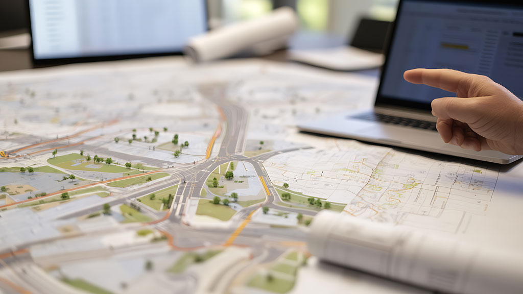 Conducteur de travaux et client consultant des plans de construction maison sur chantier Vaucluse